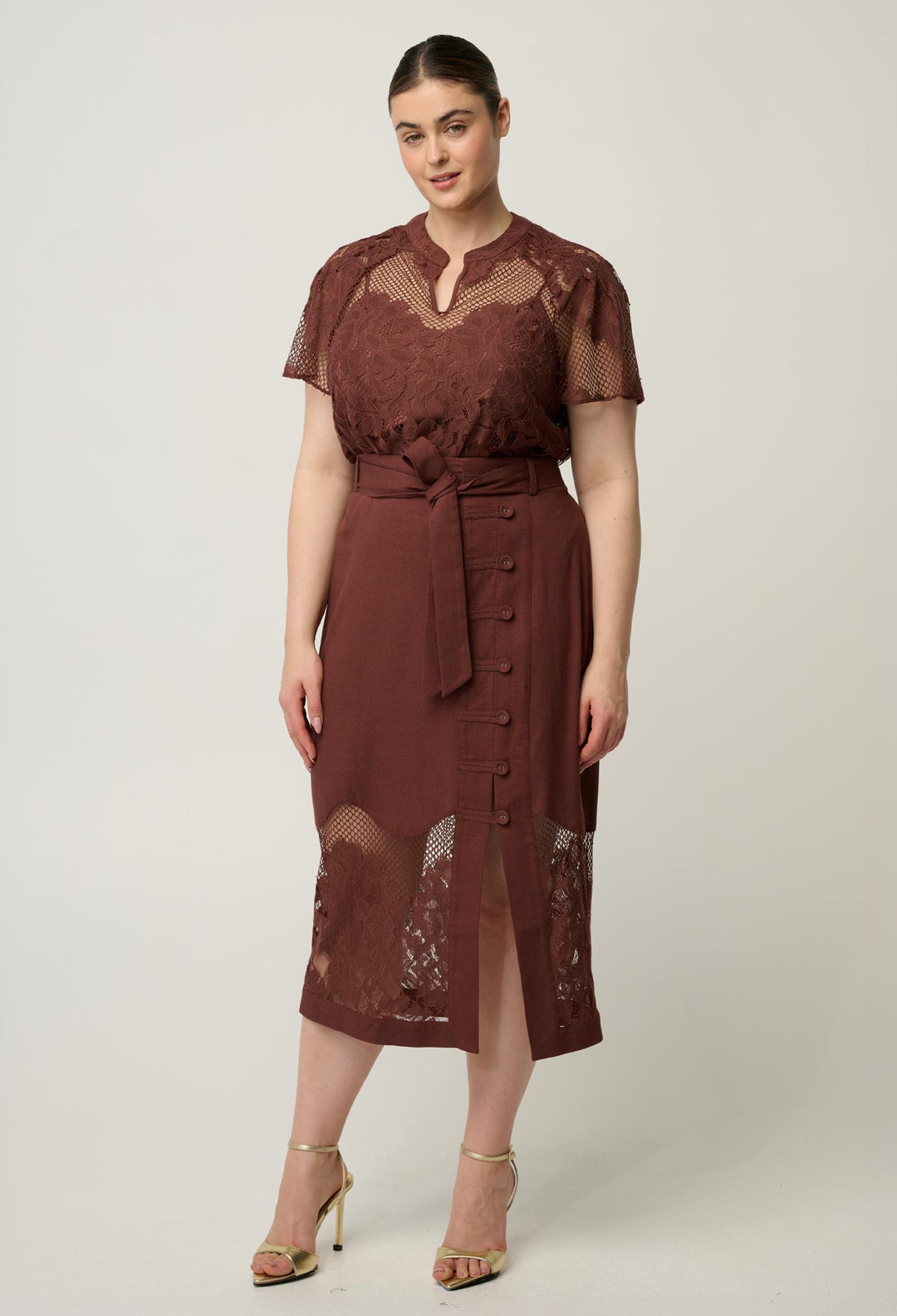 OnceWas Solene Cotton Blend Placement Lace Short Sleeve Top in Rosewood