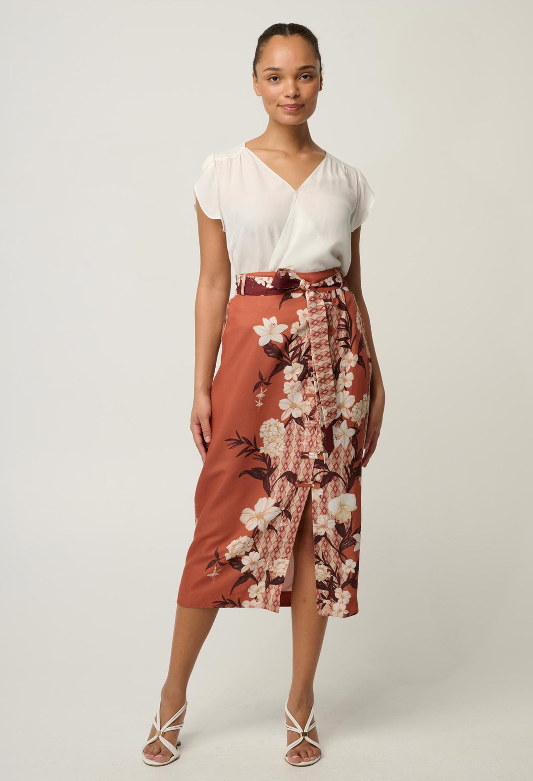 OnceWas Kasia Cupro Crossover Petal Sleeve Blouse in White