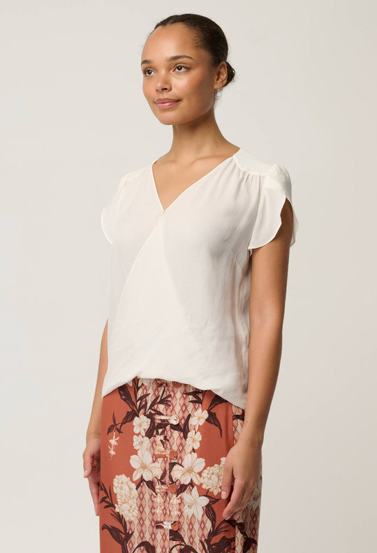 OnceWas Kasia Cupro Crossover Petal Sleeve Blouse in White