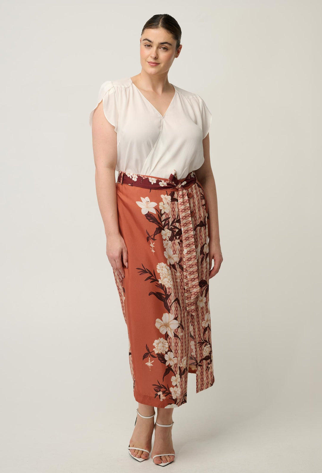 OnceWas Kasia Cupro Crossover Petal Sleeve Blouse in White