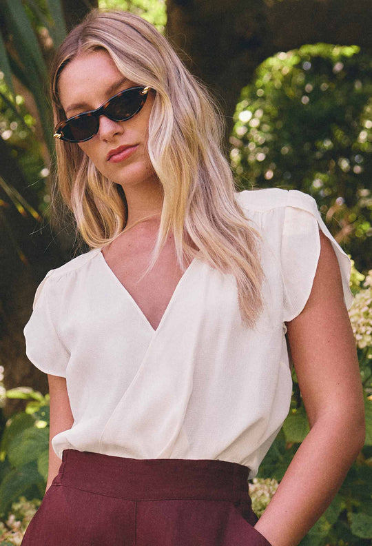 OnceWas Kasia Cupro Crossover Petal Sleeve Blouse in White