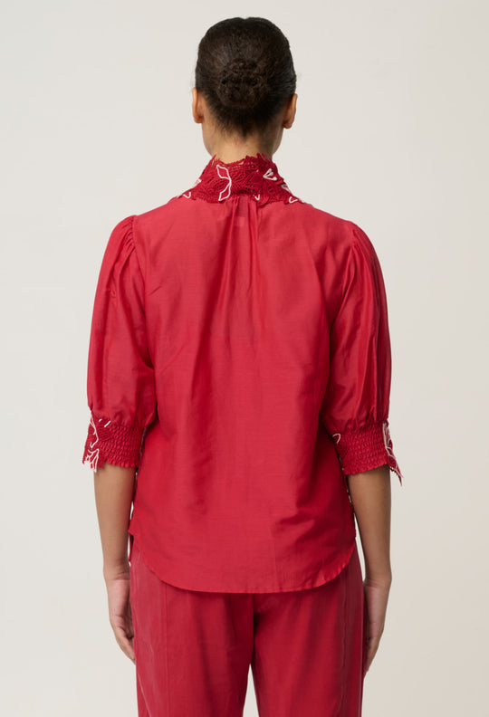 Jardin Cotton Silk Lace Blouse in Dahlia Red