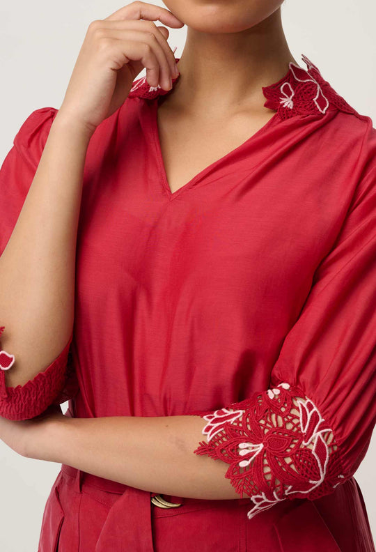 Jardin Cotton Silk Lace Blouse in Dahlia Red