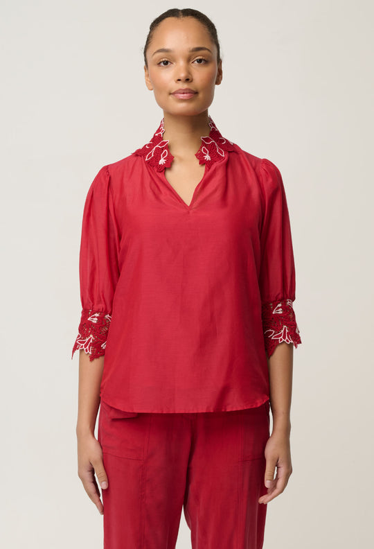 Jardin Cotton Silk Lace Blouse in Dahlia Red