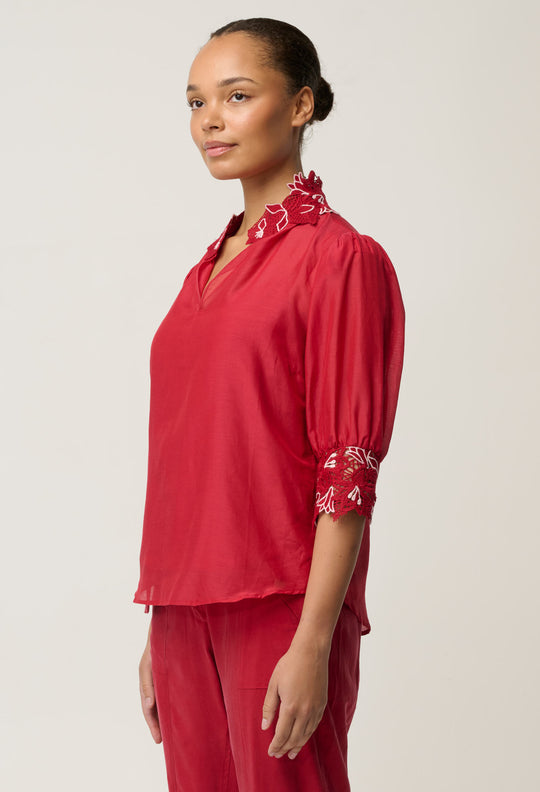 Jardin Cotton Silk Lace Blouse in Dahlia Red