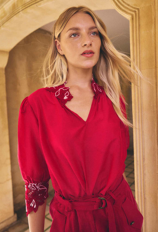Jardin Cotton Silk Lace Blouse in Dahlia Red