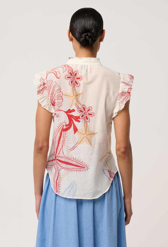 Reverie Cotton Silk Pleated Sleeve Top in Maritime Jewel