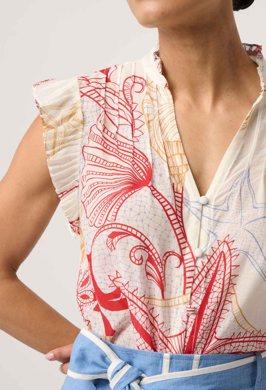 Reverie Cotton Silk Pleated Sleeve Top in Maritime Jewel