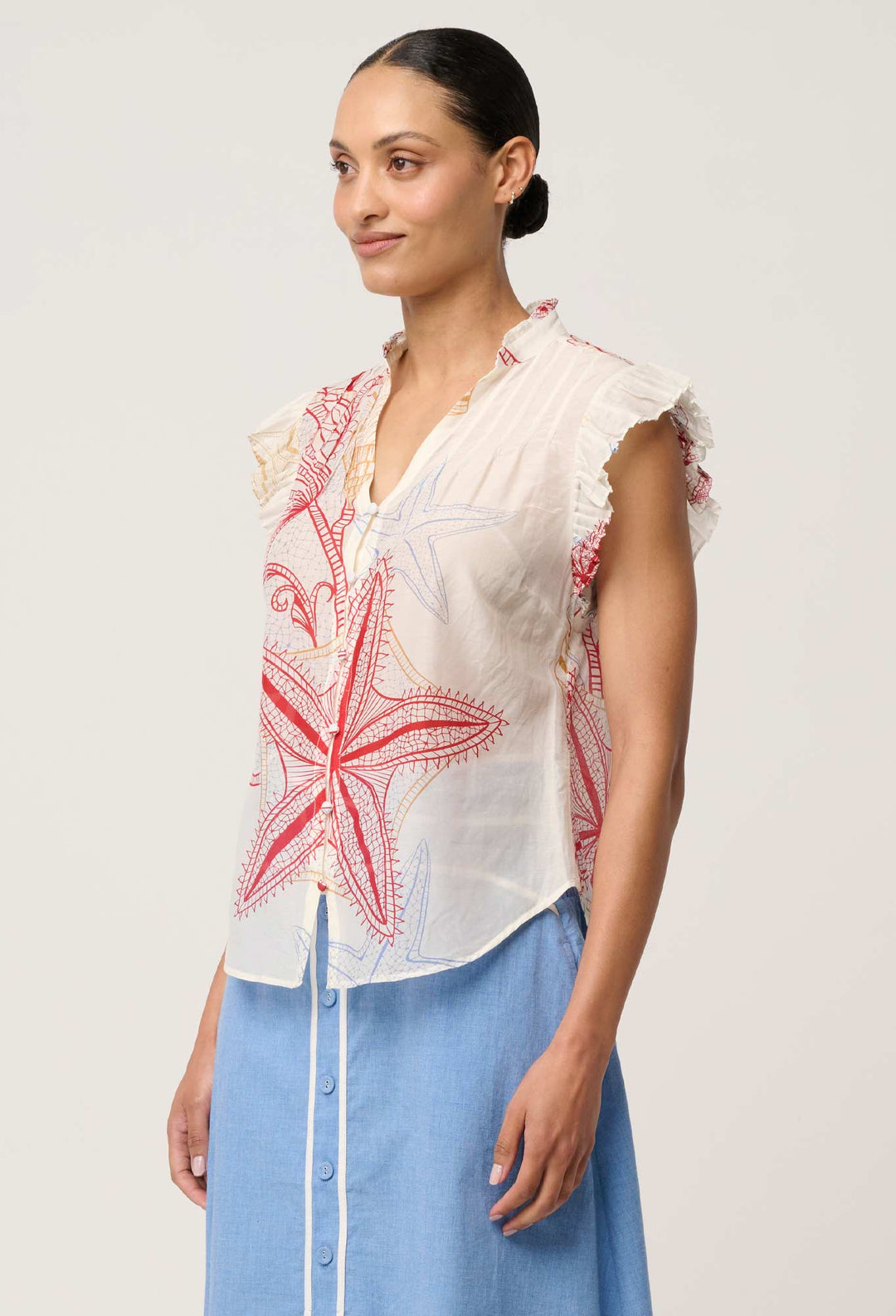 Reverie Cotton Silk Pleated Sleeve Top in Maritime Jewel