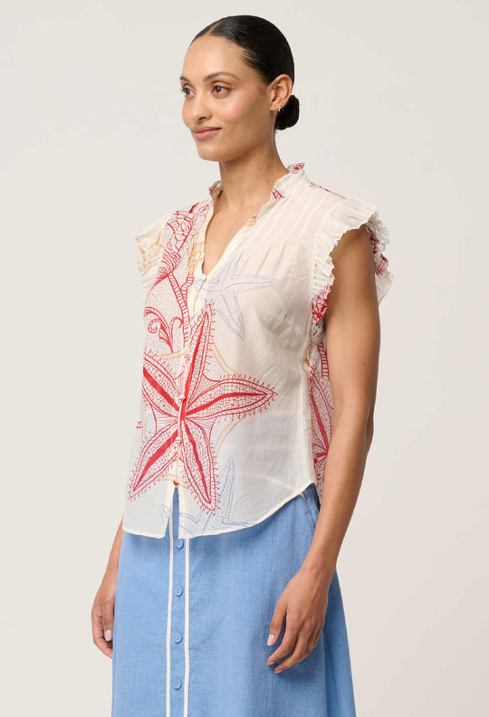 Reverie Cotton Silk Pleated Sleeve Top in Maritime Jewel