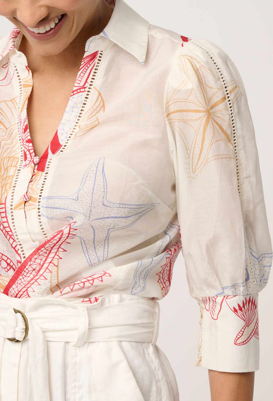 Gwen Cotton Silk Lace Trim Shirt in Maritime Jewel