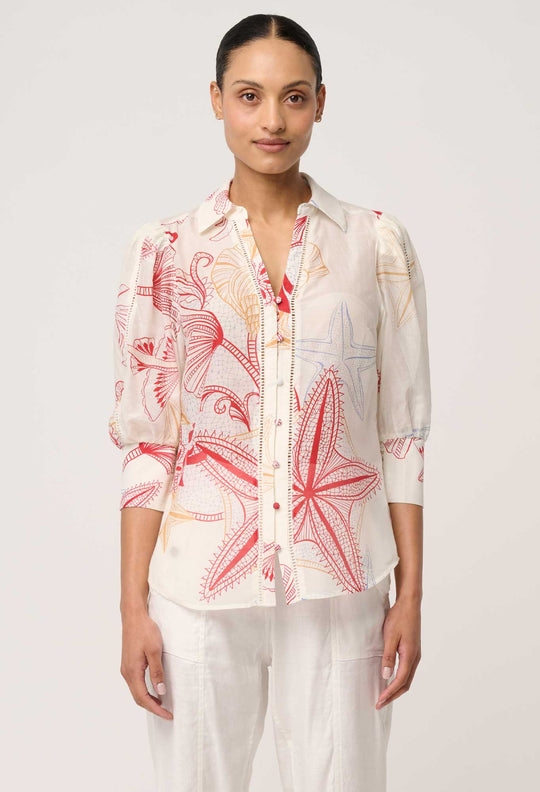 Gwen Cotton Silk Lace Trim Shirt in Maritime Jewel