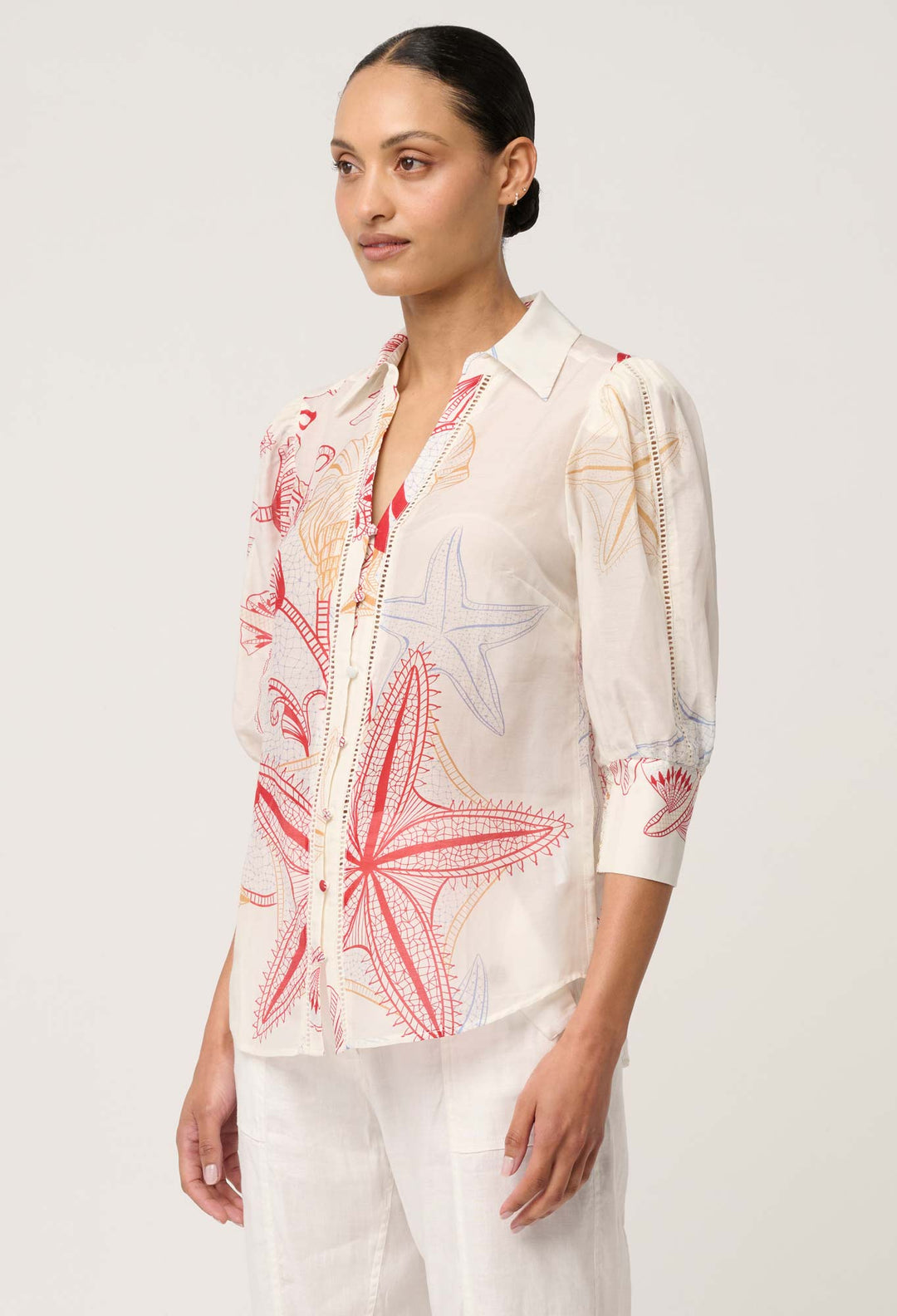 Gwen Cotton Silk Lace Trim Shirt in Maritime Jewel