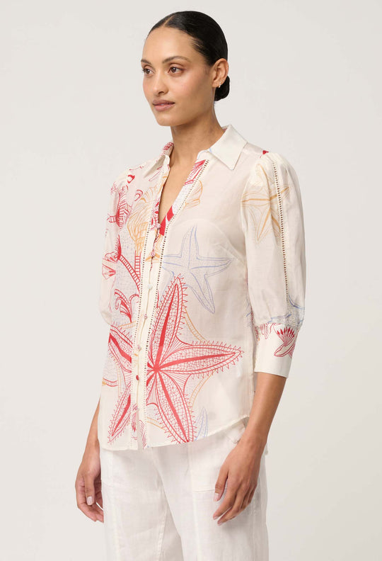 Gwen Cotton Silk Lace Trim Shirt in Maritime Jewel