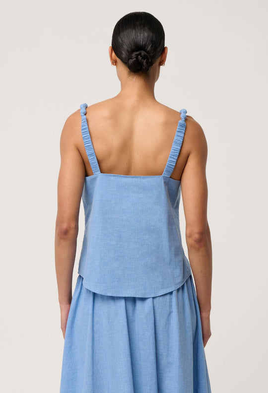 Lumiere Cotton Chambray Beaded Strap Cami in Blue Chambray