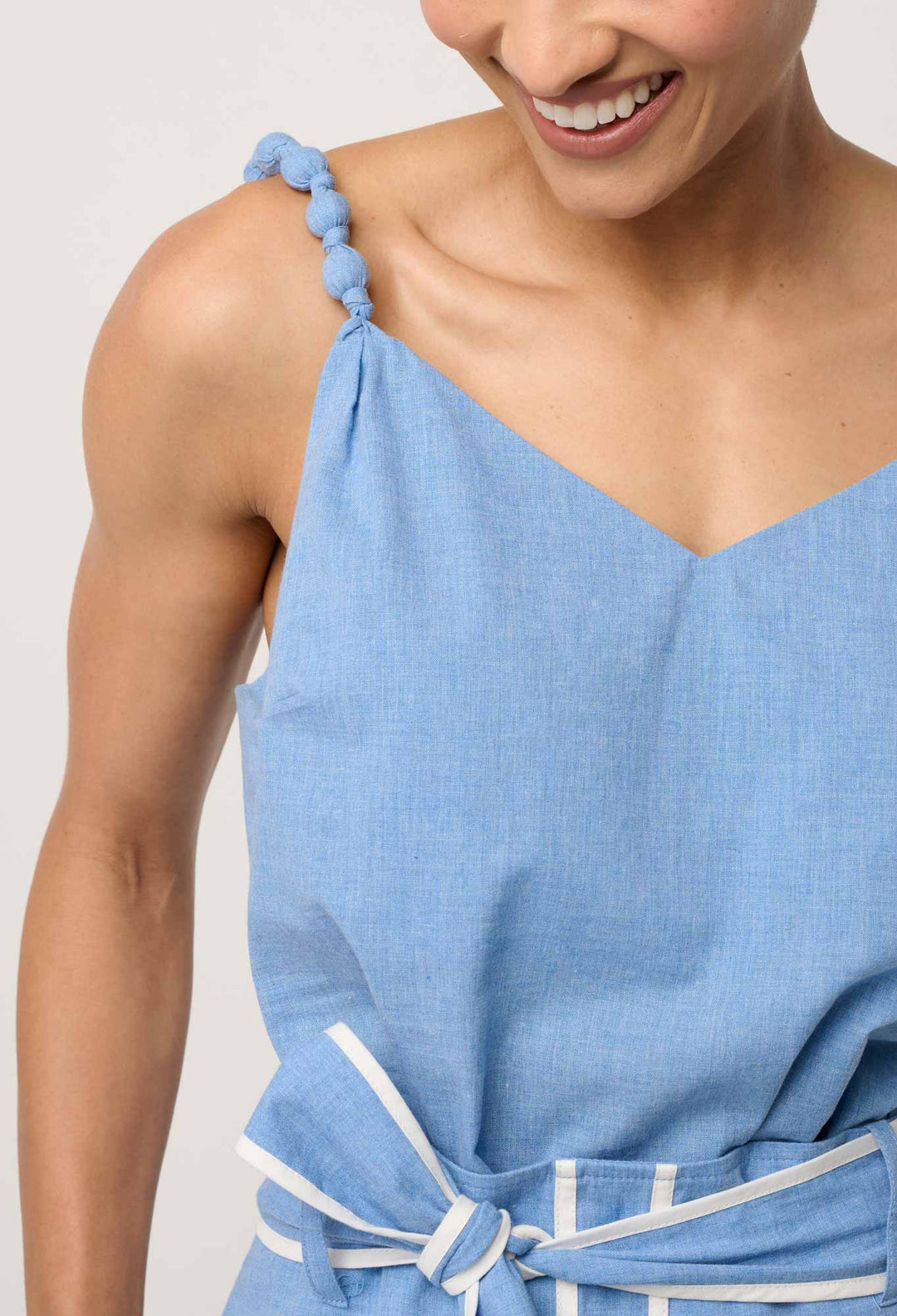 Lumiere Cotton Chambray Beaded Strap Cami in Blue Chambray
