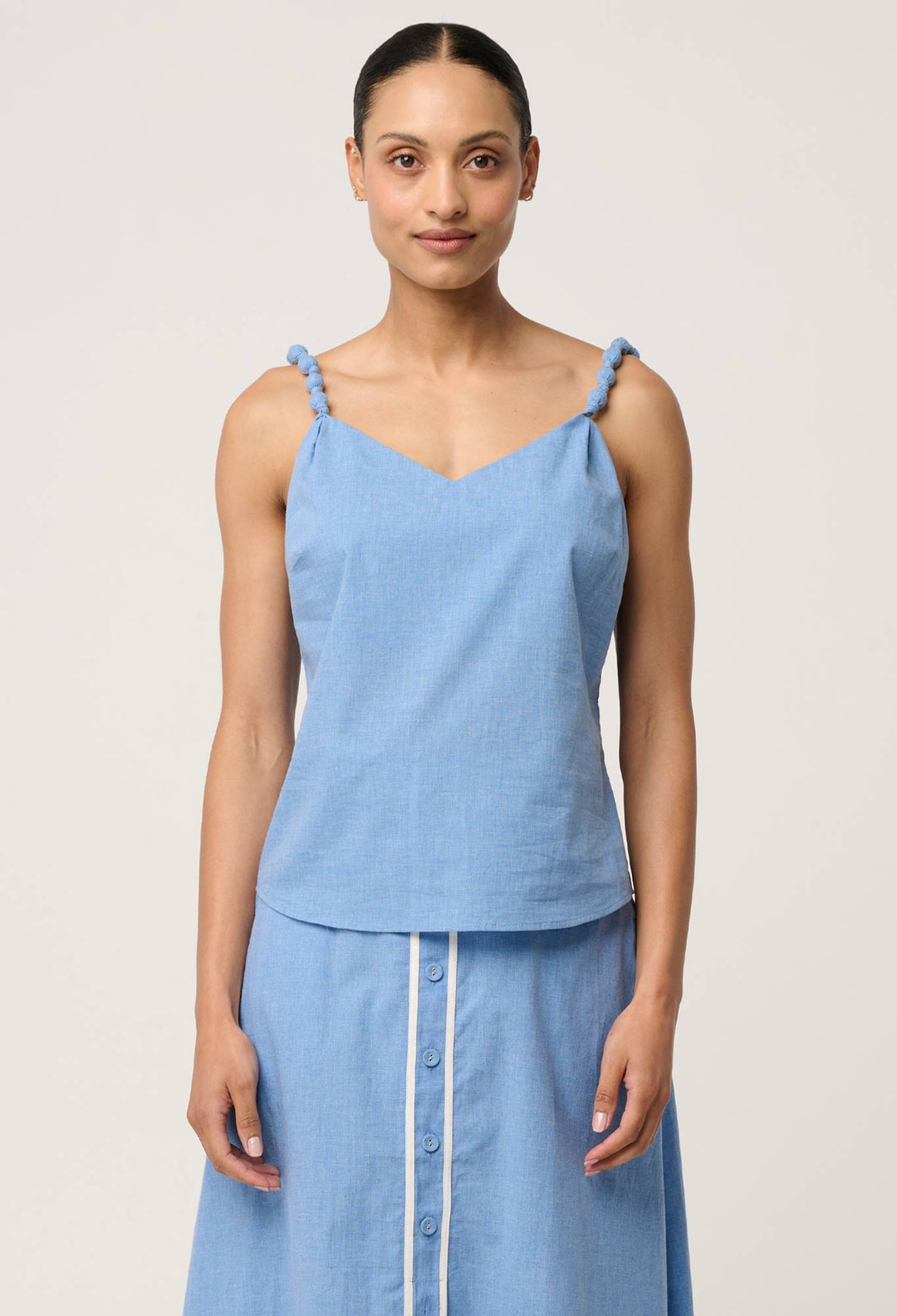 Lumiere Cotton Chambray Beaded Strap Cami in Blue Chambray