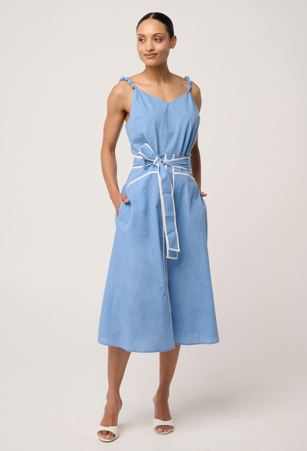 Lumiere Cotton Chambray Beaded Strap Cami in Blue Chambray