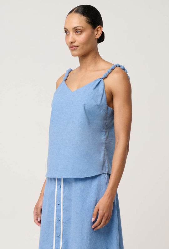 Lumiere Cotton Chambray Beaded Strap Cami in Blue Chambray