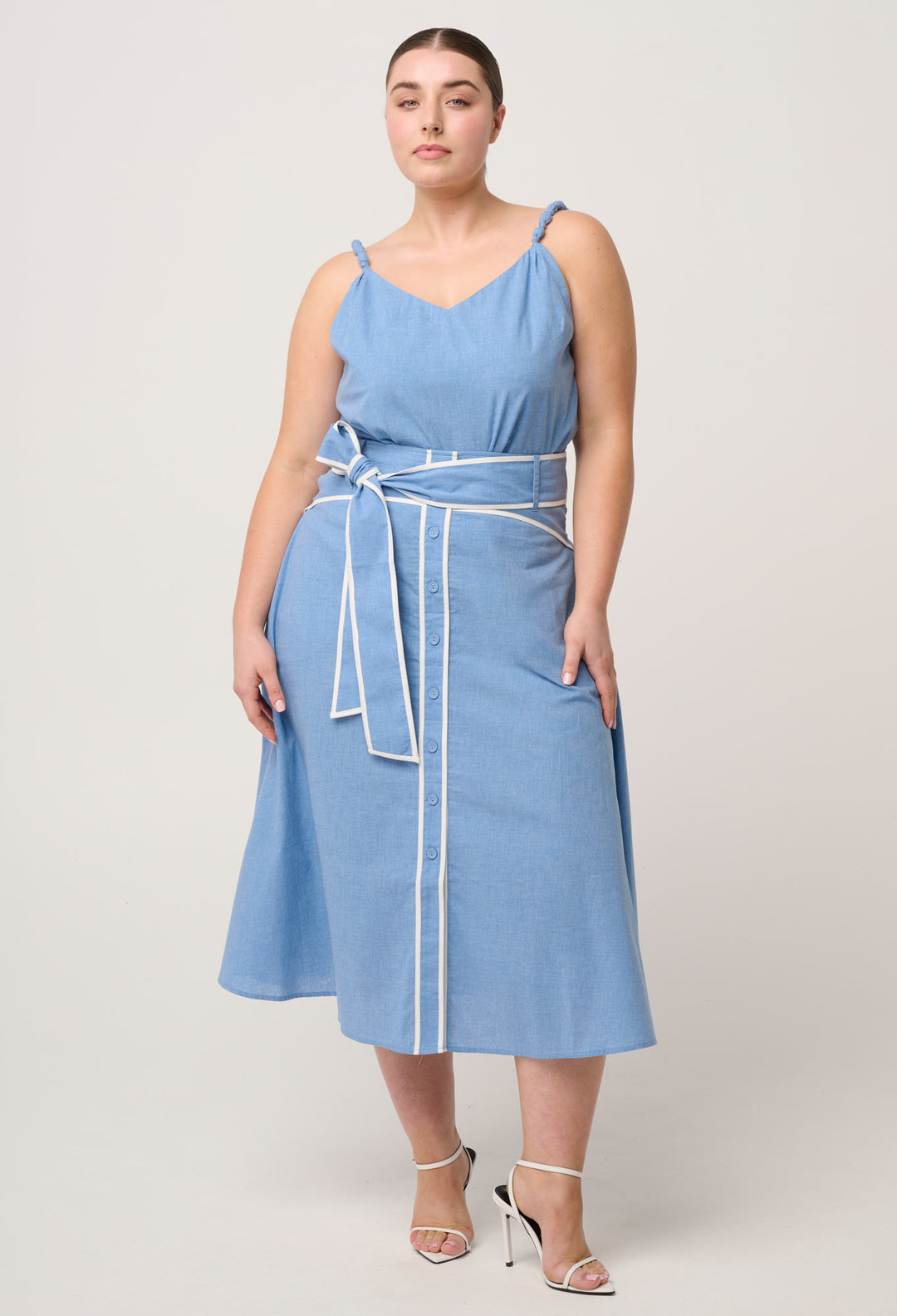 Lumiere Cotton Chambray Beaded Strap Cami in Blue Chambray