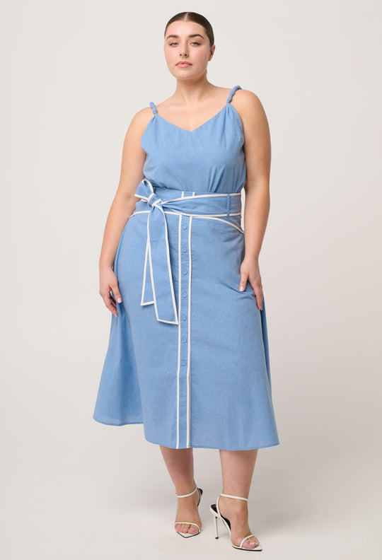 Lumiere Cotton Chambray Beaded Strap Cami in Blue Chambray