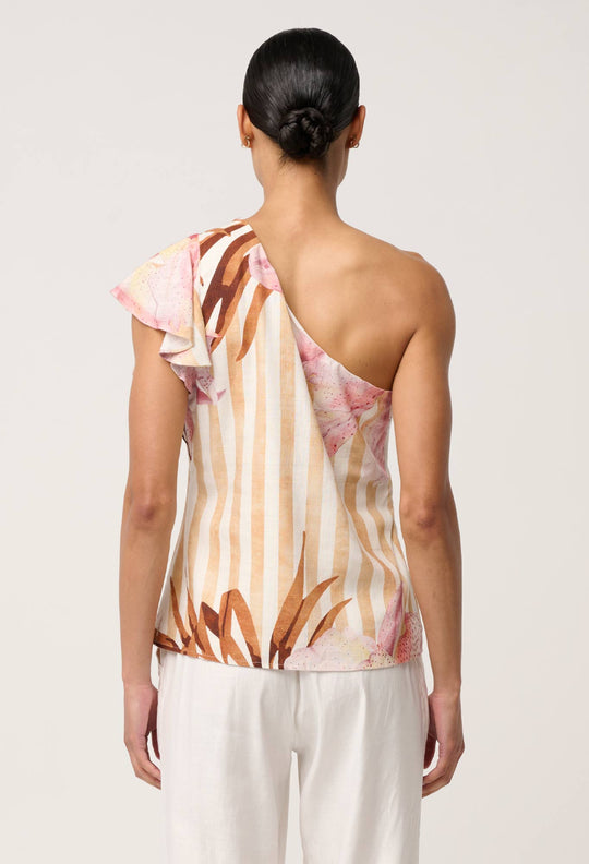 Opaline Viscose Linen One Shoulder Sleeve Top in Golden Promenade