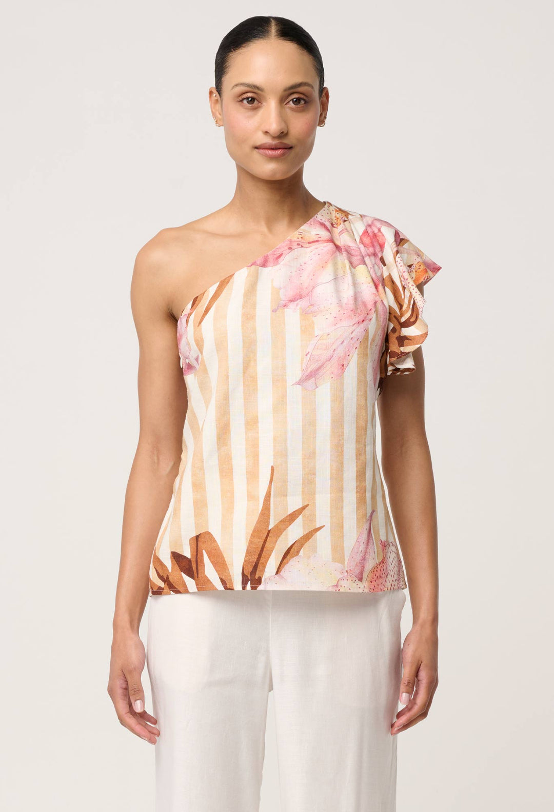 Opaline Viscose Linen One Shoulder Sleeve Top in Golden Promenade