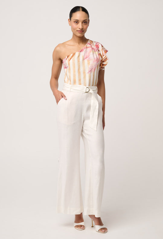 Opaline Viscose Linen One Shoulder Sleeve Top in Golden Promenade