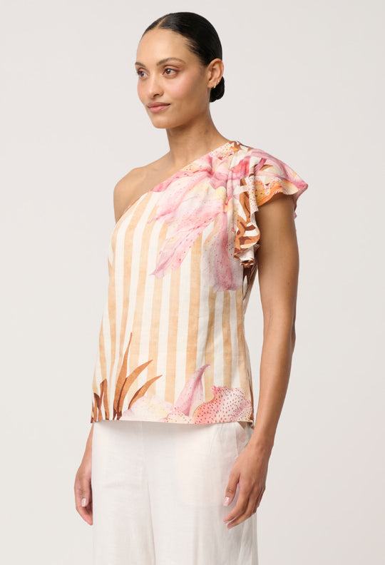 Opaline Viscose Linen One Shoulder Sleeve Top in Golden Promenade