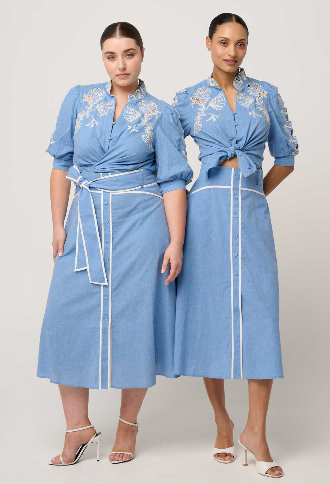 Claudia Cotton Embroidered Top in Blue Chambray