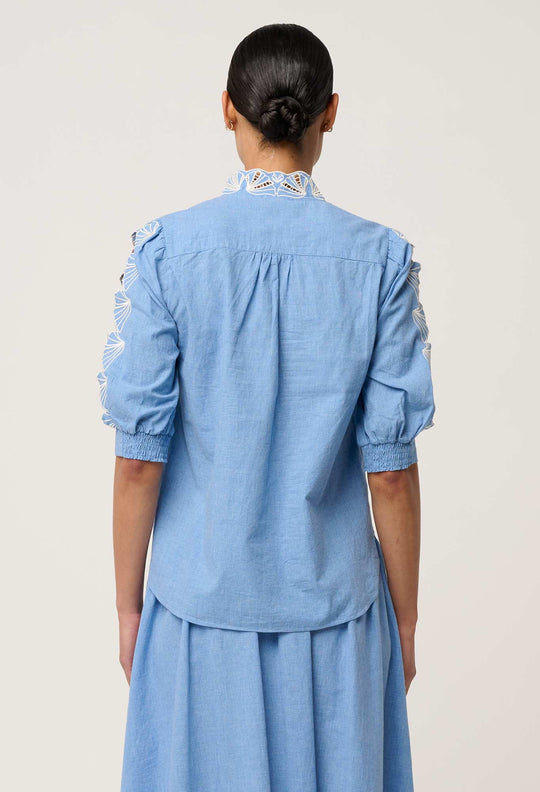 Claudia Cotton Embroidered Top in Blue Chambray