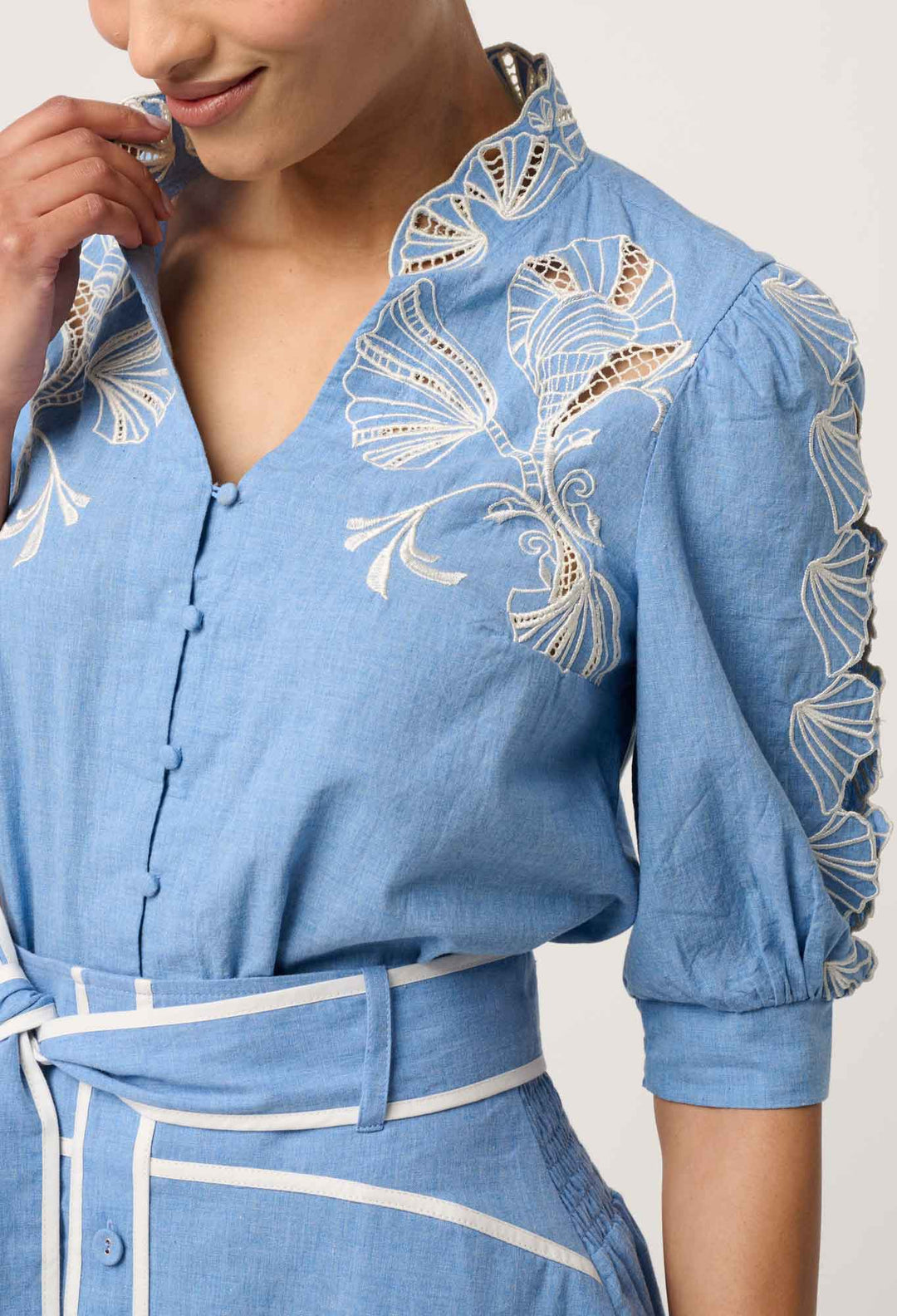 Claudia Cotton Embroidered Top in Blue Chambray