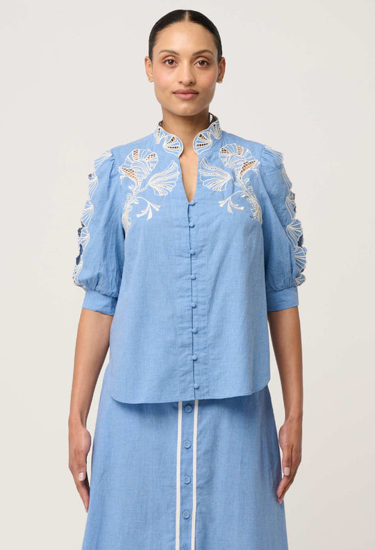 Claudia Cotton Embroidered Top in Blue Chambray