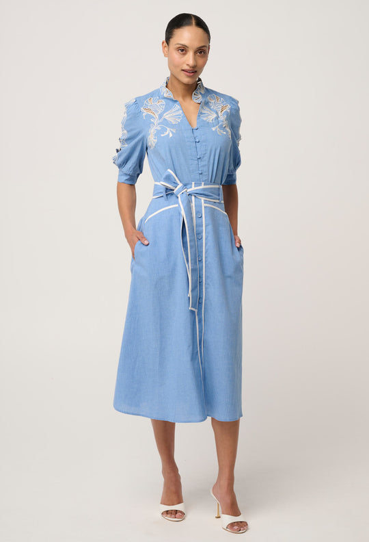 Claudia Cotton Embroidered Top in Blue Chambray