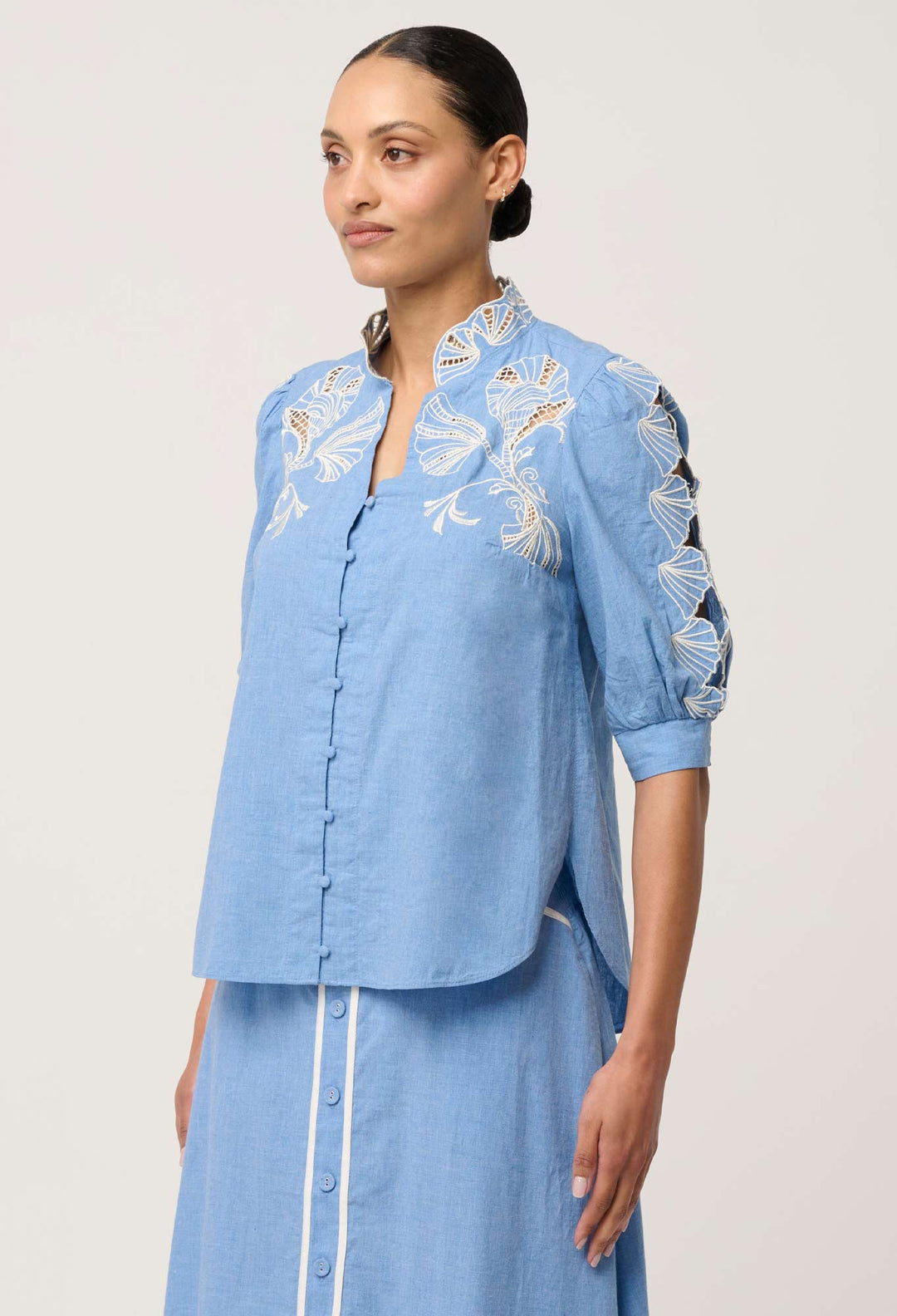 Claudia Cotton Embroidered Top in Blue Chambray
