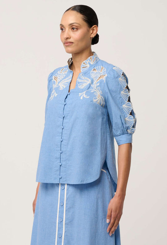 Claudia Cotton Embroidered Top in Blue Chambray