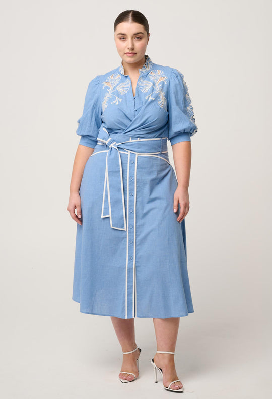 Claudia Cotton Embroidered Top in Blue Chambray