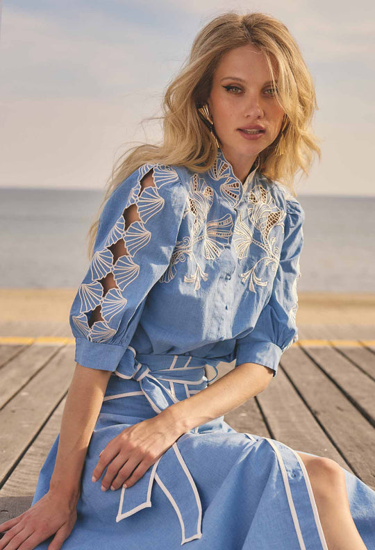 Claudia Cotton Embroidered Top in Blue Chambray
