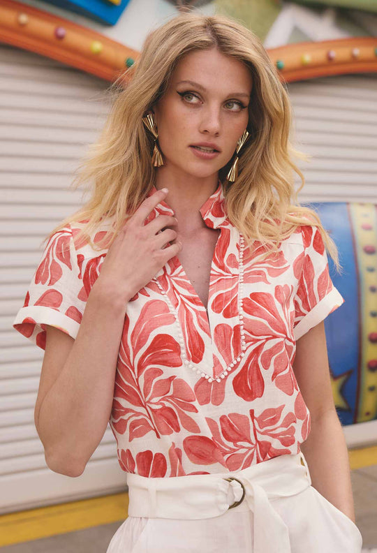 Giselle Viscose Linen Trim Detail Top in Soleil Pavilion