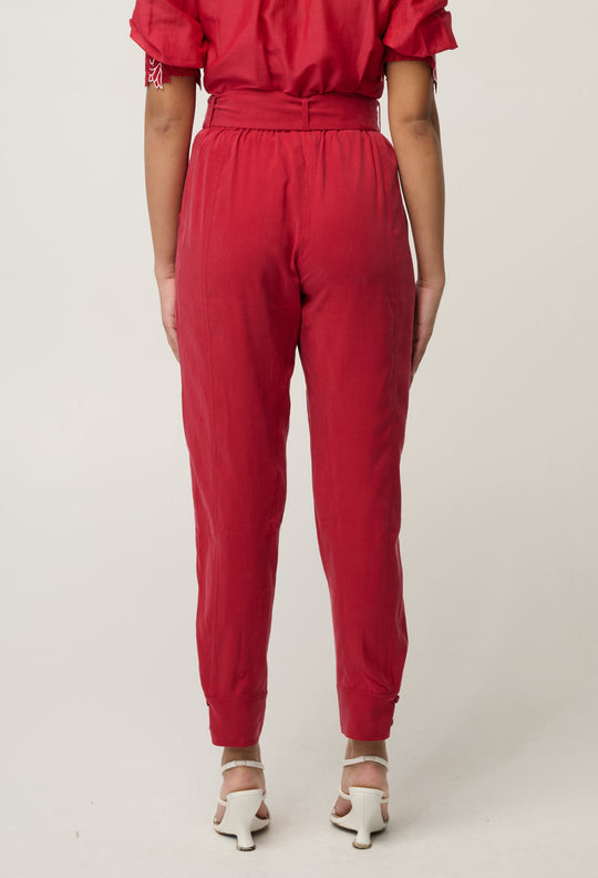 Trinidad Stretch Cupro Viscose Button Cuff Pant in Dahlia Red