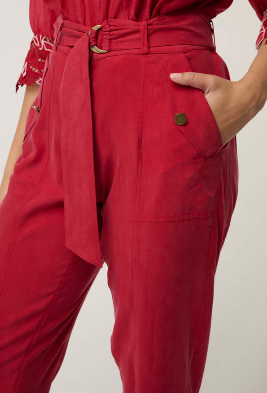 UNDER 5'4 Trinidad Stretch Cipro Viscose Button Cuff Pant in Dahlia Red