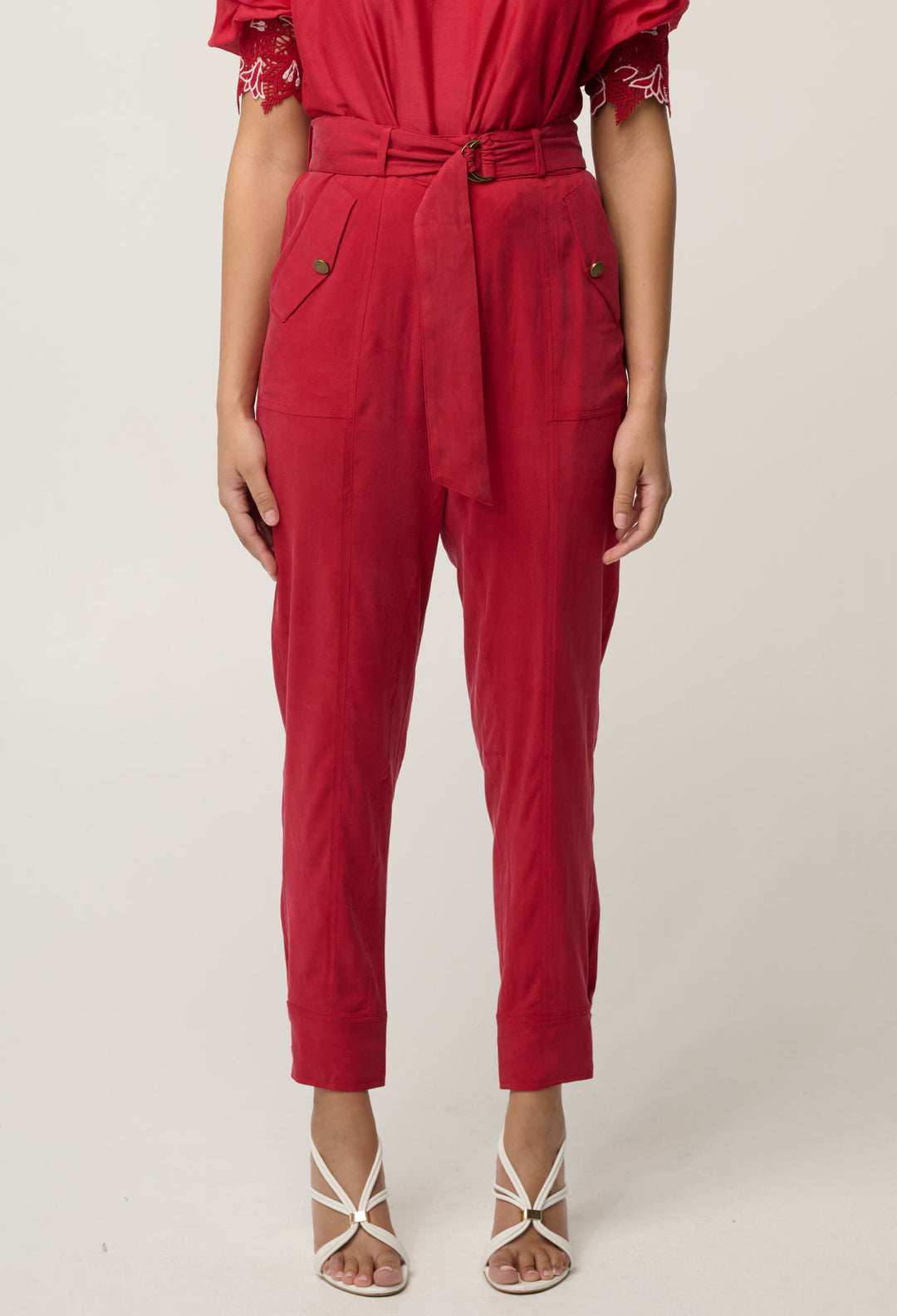 Trinidad Stretch Cupro Viscose Button Cuff Pant in Dahlia Red