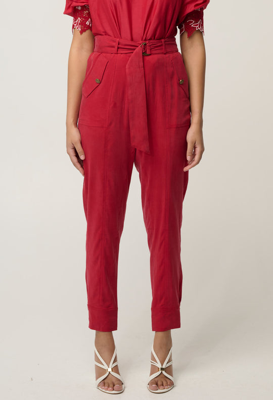Trinidad Stretch Cupro Viscose Button Cuff Pant in Dahlia Red