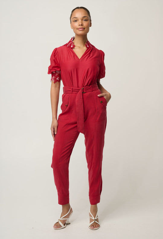 Trinidad Stretch Cupro Viscose Button Cuff Pant in Dahlia Red
