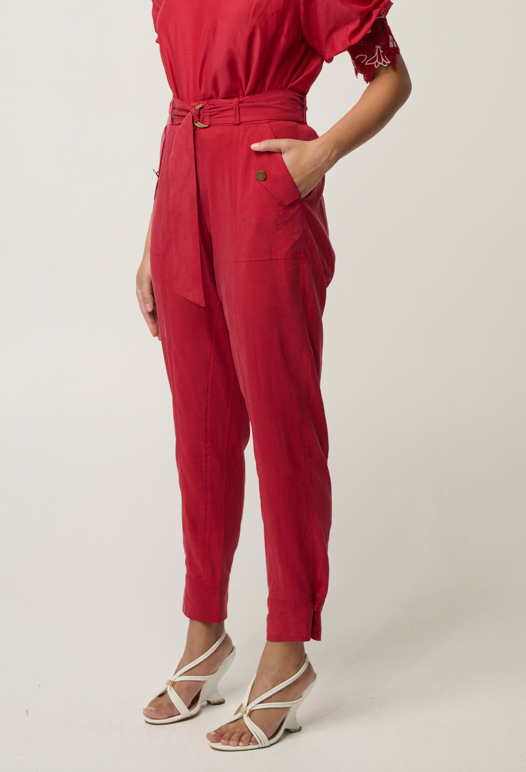 Trinidad Stretch Cupro Viscose Button Cuff Pant in Dahlia Red
