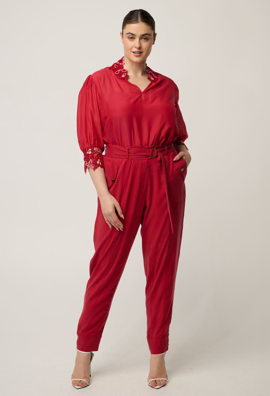 Trinidad Stretch Cupro Viscose Button Cuff Pant in Dahlia Red