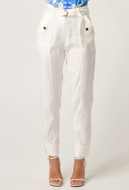 OnceWas Trinidad Linen Viscose Button Cuff Pant in Ivory