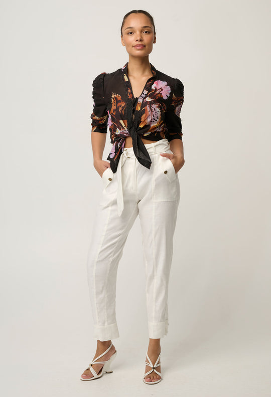 Trinidad Linen Viscose Button Cuff Pant in Ivory