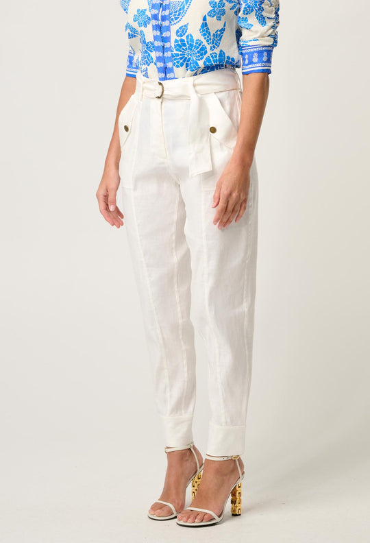 OnceWas Trinidad Linen Viscose Button Cuff Pant in Ivory
