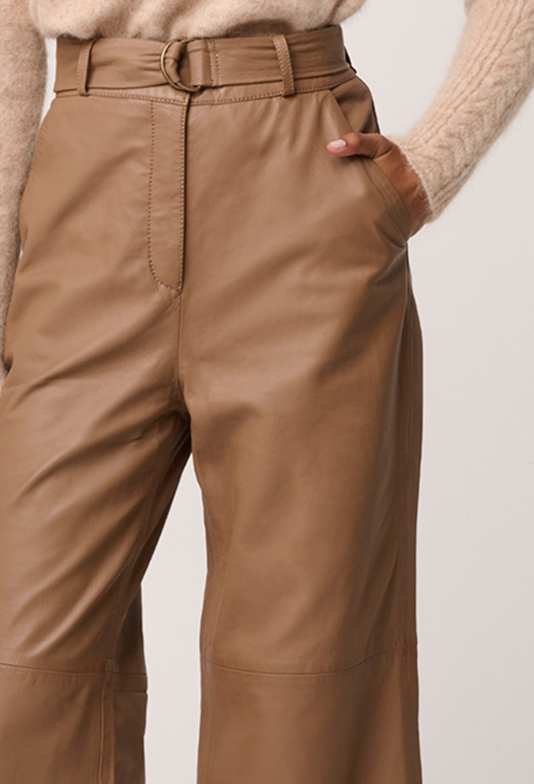 OnceWas Halston Genuine Leather Belted Straight Leg Pant in Husk